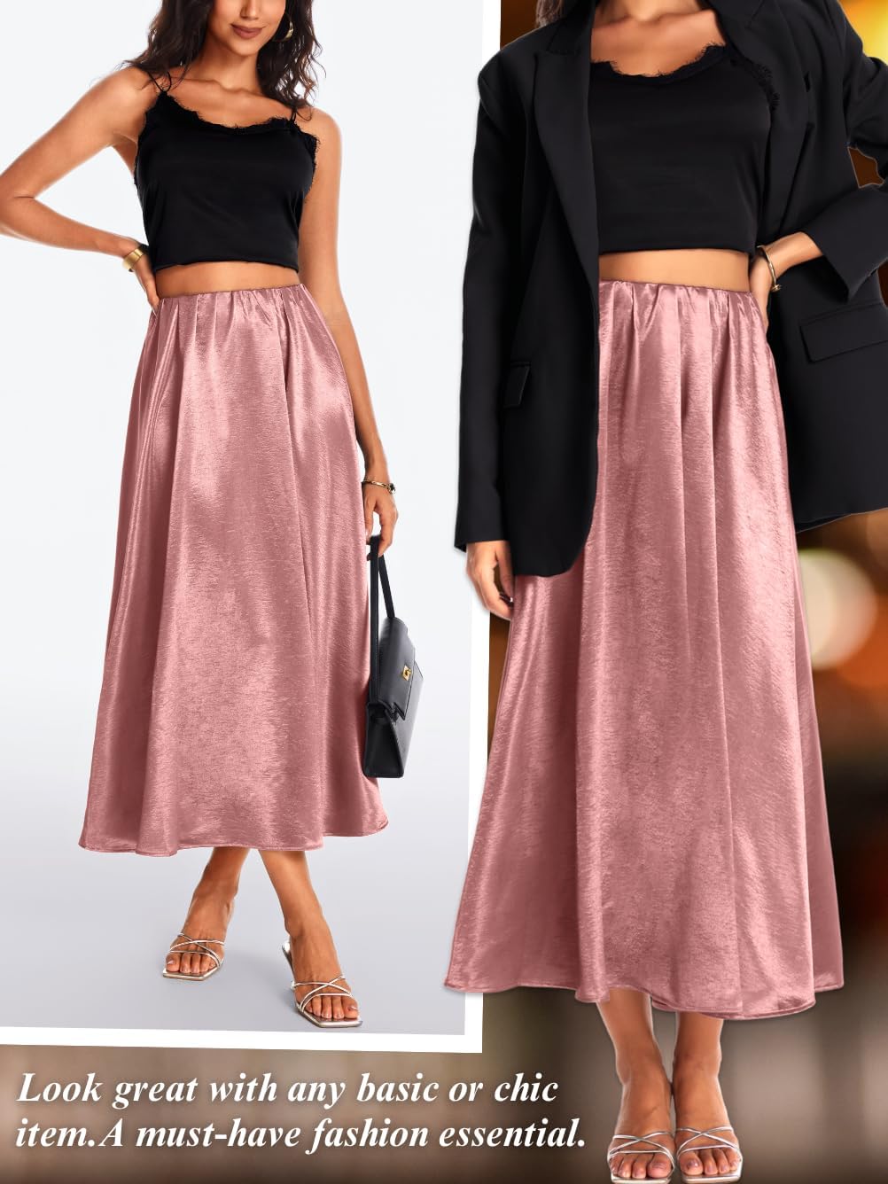 ChiaoLezhee Women's Heavy-Drape Satin Maxi Skirt, Elastic High Waisted A-Line Formal Skirts for Special Occasions