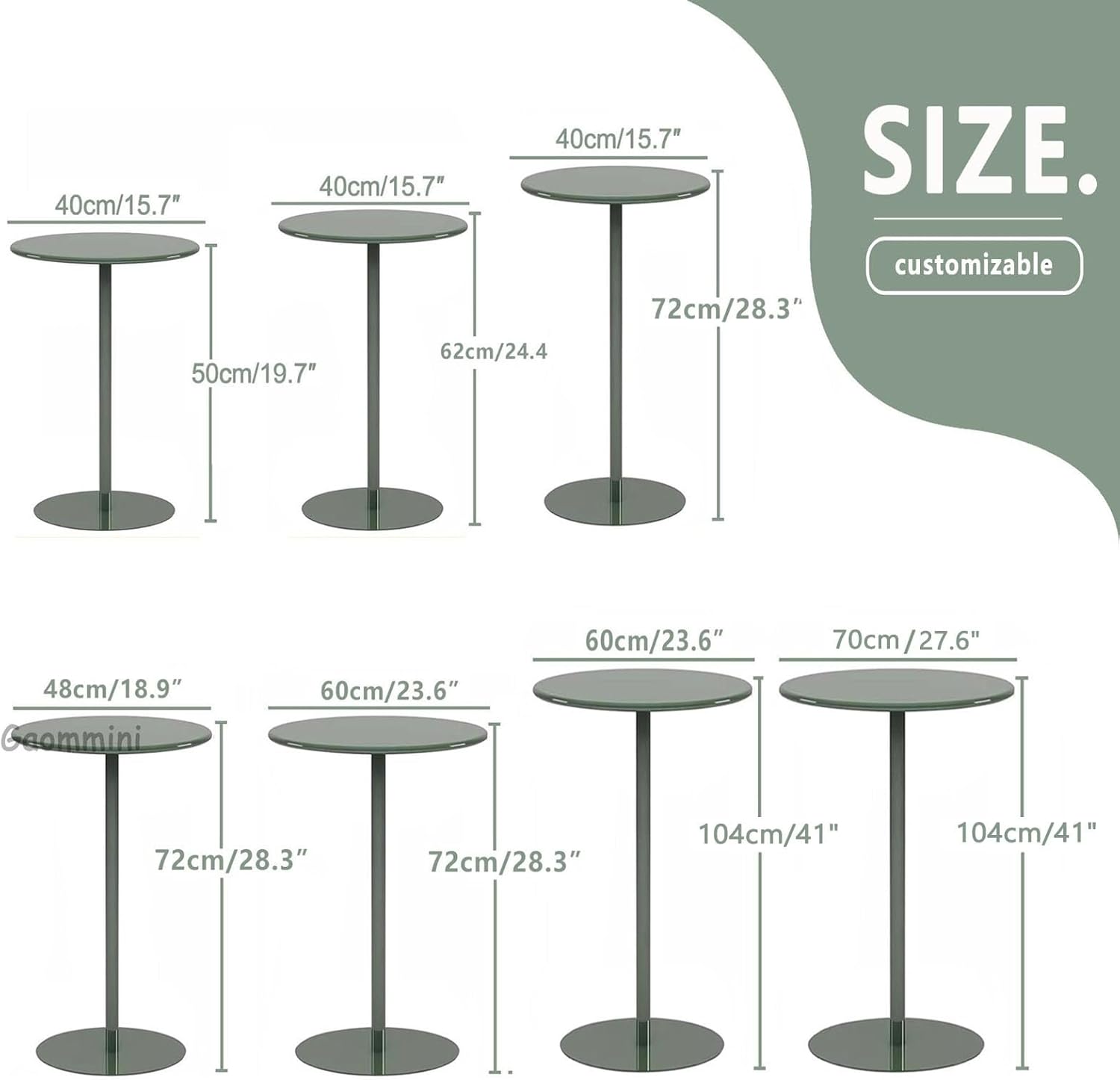 Kitchen Dining Table Coffee Drink Table - All-Metal Iron Side Table End Table for Indoor Outdoor Patio, Cocktail Bar Table Tall Pub Bistro Table(Green,40x40x50cm)