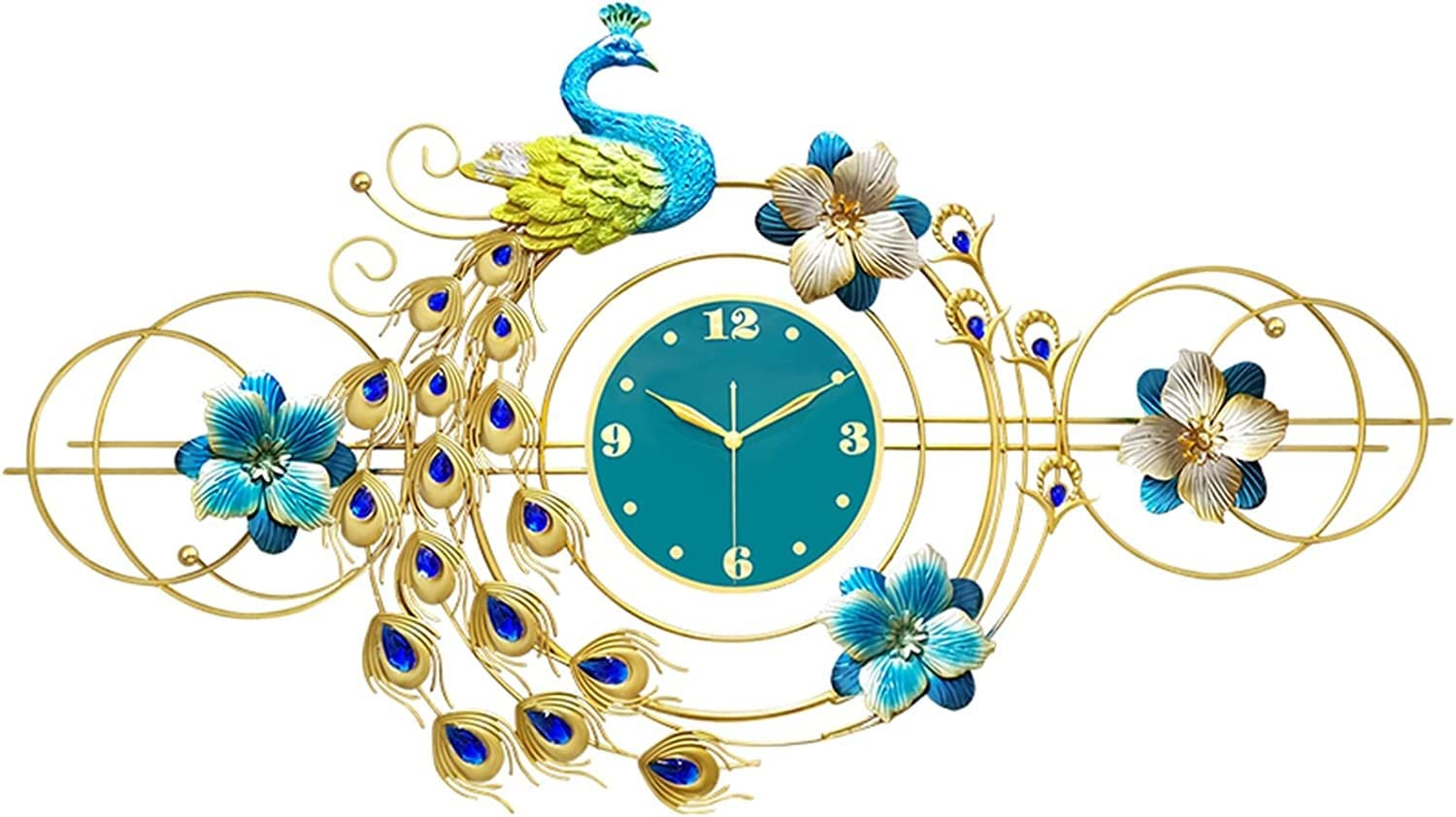 SaryEdge Wall Clock Modern Art Wall Clock Large Metal Peacock Wall Clock for Living Room Decor, 46 Inch Silent Non Ticking Operated Quartz Clock, Entrance Wall Peacock Dec,