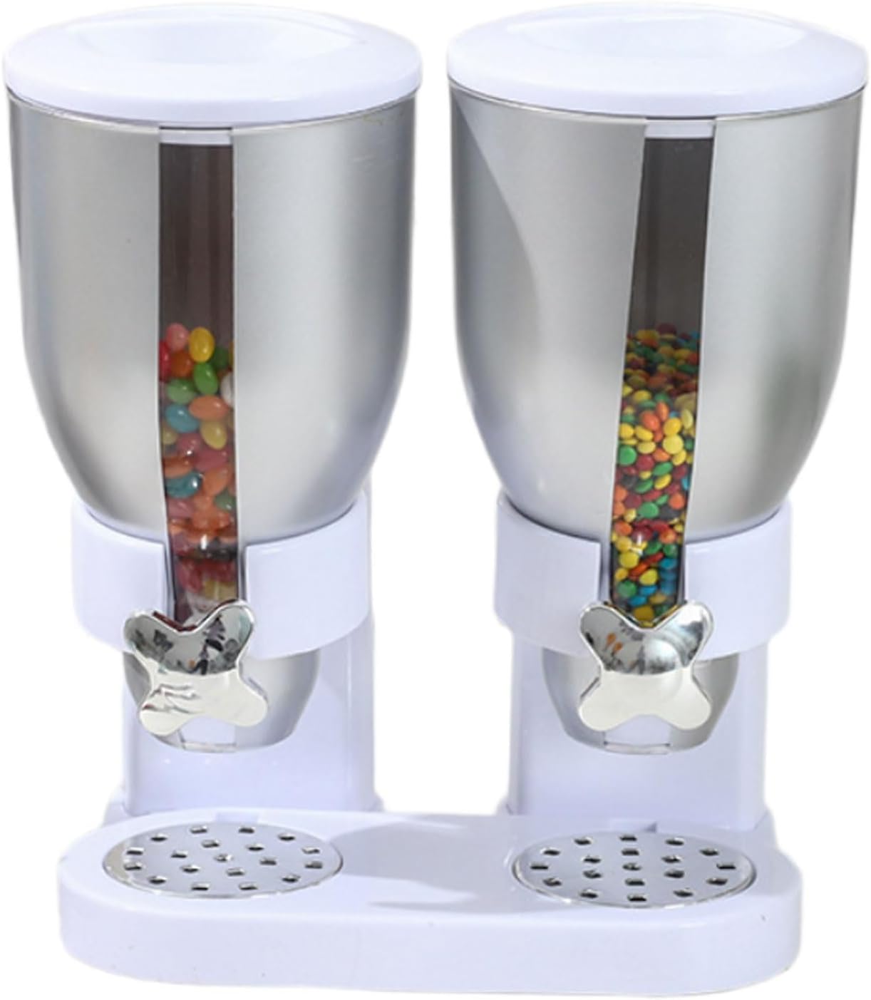 Double Cereal Dispenser Countertop, Cereal Containers Storage for Kitchen Pantry, Dry Food Storage Container with Stand for Candy, Nut, Grains, Coffee Beans, Snack(Silver,4L)