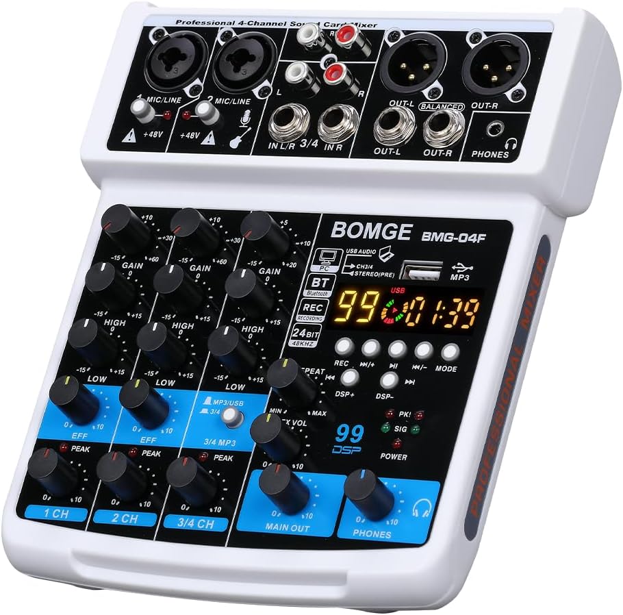 BOMGE 4 Channel Professional Audio Mixer, Sound Board Mixing Console with USB, Bluetooth, Stereo Recording, 48V Phantom Power, 99 DSP for karaoke/performance/church singing/podcas streaming BOMGE 4 Channel Professional Audio Mixer, Sound Board Mixing Console with USB, Bluetooth, Stereo Recording, 48V Phantom Power, 99 DSP for karaoke/performance/church singing/podcas streaming