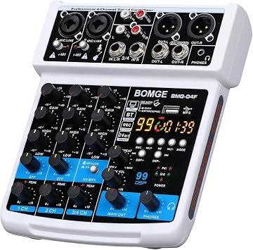 BOMGE-04F 4 channel dj audio sound mixer with MP3/USB Bluetooth, stereo record/48V /24 DSP Echo effects for Live broadcast, karaoke, performance, church singing and music production white-4f