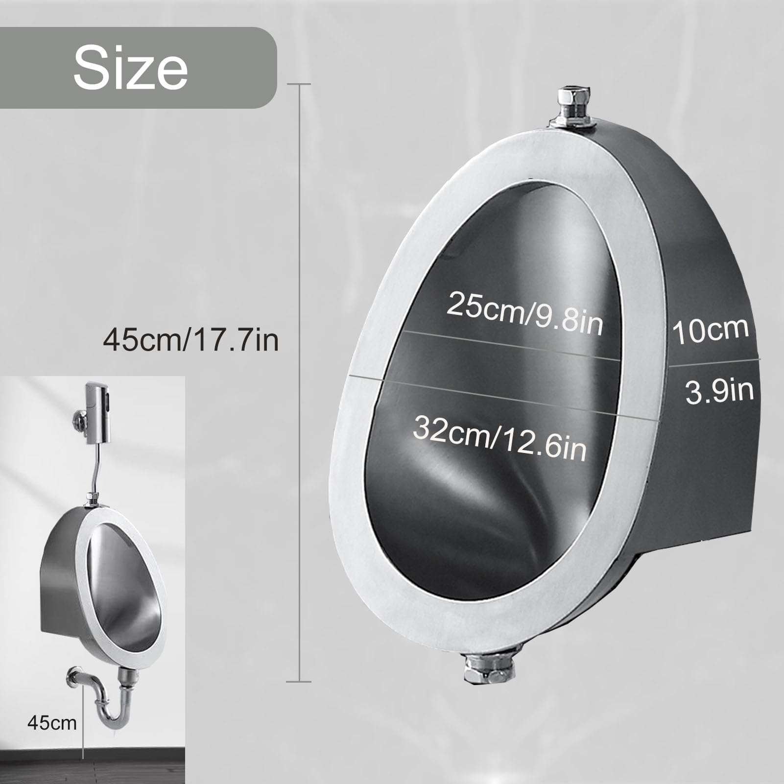 Urinoir en Acier Inoxydable 304, Urinal Homme pour Adultes à Usage Domestique/Commercial, WC Suspendu Toilettes pour à Chasse d'eau Intelligente Capteur