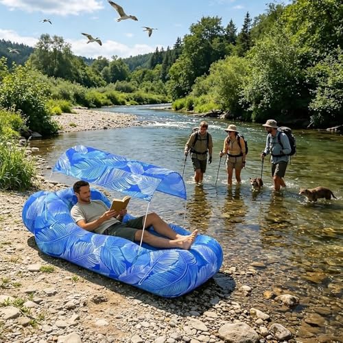 Tumbona inflable con compartimento y toldo para evitar el calor exterior 3