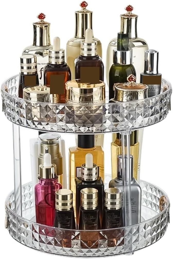 Display Box 360° Rotating Makeup Organizer for Vanity, 2 Tier Bathroom Cosmetic Storage Skincare Organizers Cosmetic Storage(Clear)