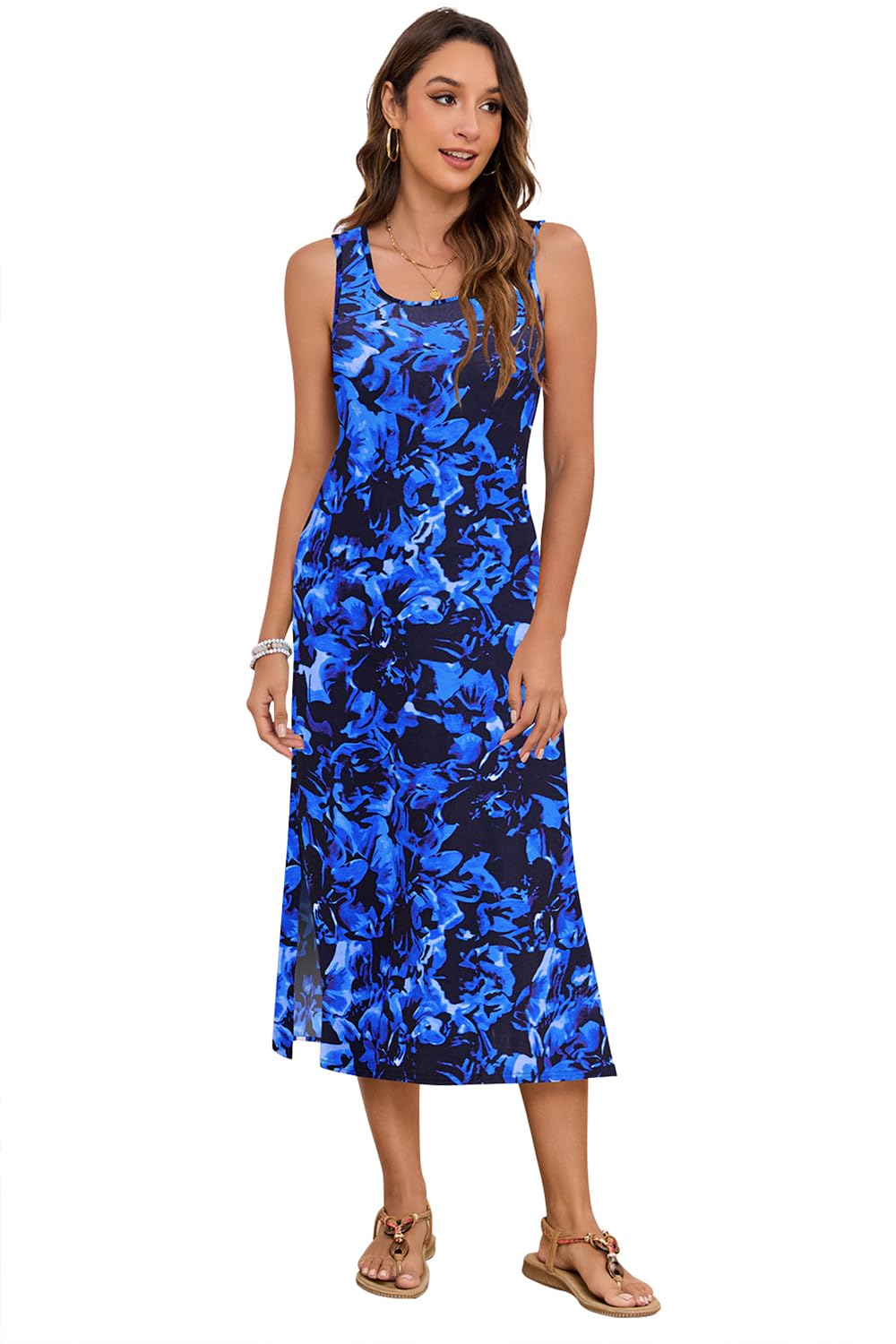 Naggoo Women's Sleevelee Tank Dress Midi Summer Casual Scoop Neck Basic Split Maxi Tshirt Sundresses with Pockets