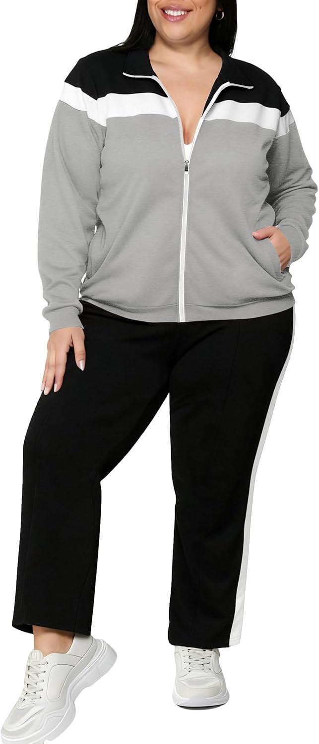 UOUA Plus Size Womens 2 Piece Sweatsuits Outfits Zip Up Jackets & Sweatpants Casual Loungewear Tracksuit Sets