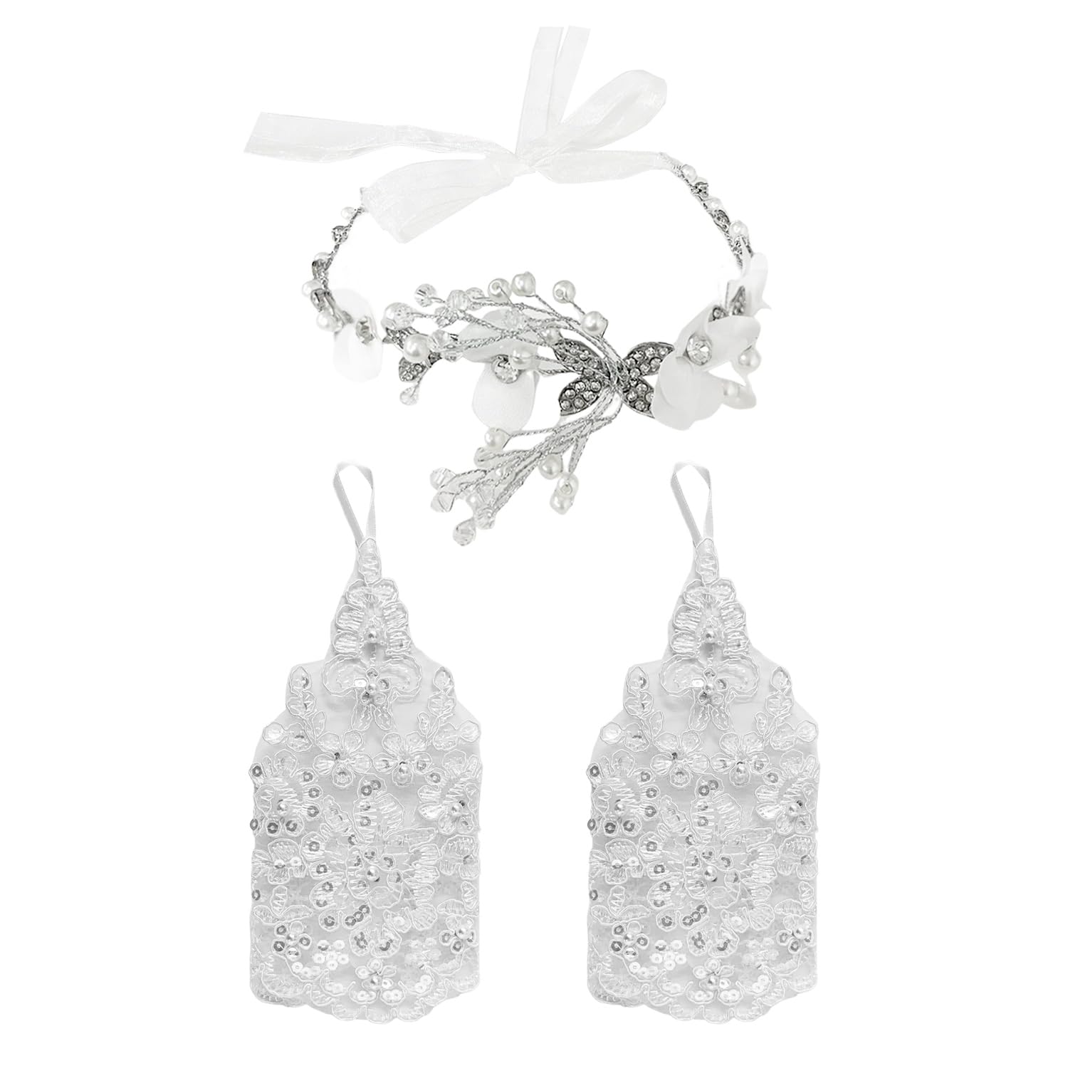 RNSKFG 1 Pearl Headdress, 1 Pair Of Lace Gloves, Flower-Shaped Headdress, Ele Headbands, Wedding Dress Accessories.