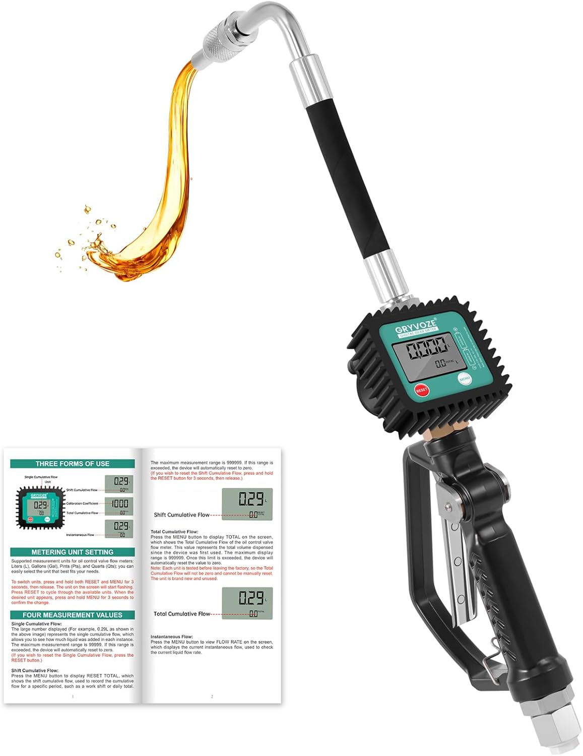 GRYVOZE Digital Oil Dispenser Gun with LCD Meter - Pneumatic Flow Control Valve Nozzle, 1/2" NPT, 1500 PSI, ±0.5% Accuracy