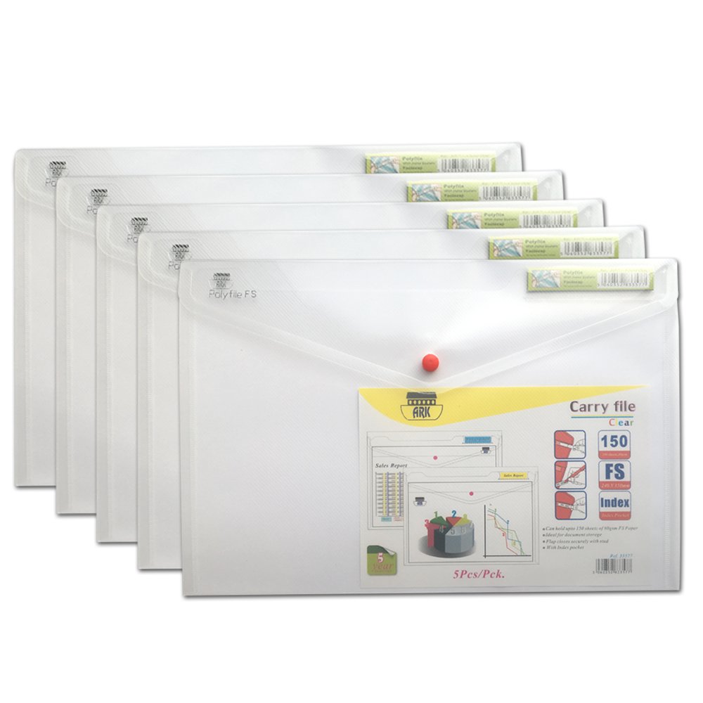 ARK Carry File Popper Wallet File with Press Stud Closure [Pack of 5] (Clear, Foolscap) — image 1