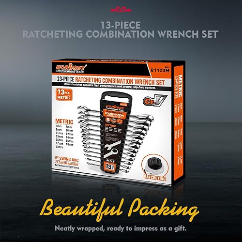 Miniatura 9 de HORUSDY Juego de llaves de trinquete resistentes de 13 piezas  Tamaños métricos de 6 a 0.748 in  Juego de llaves combinadas de trinquete de par