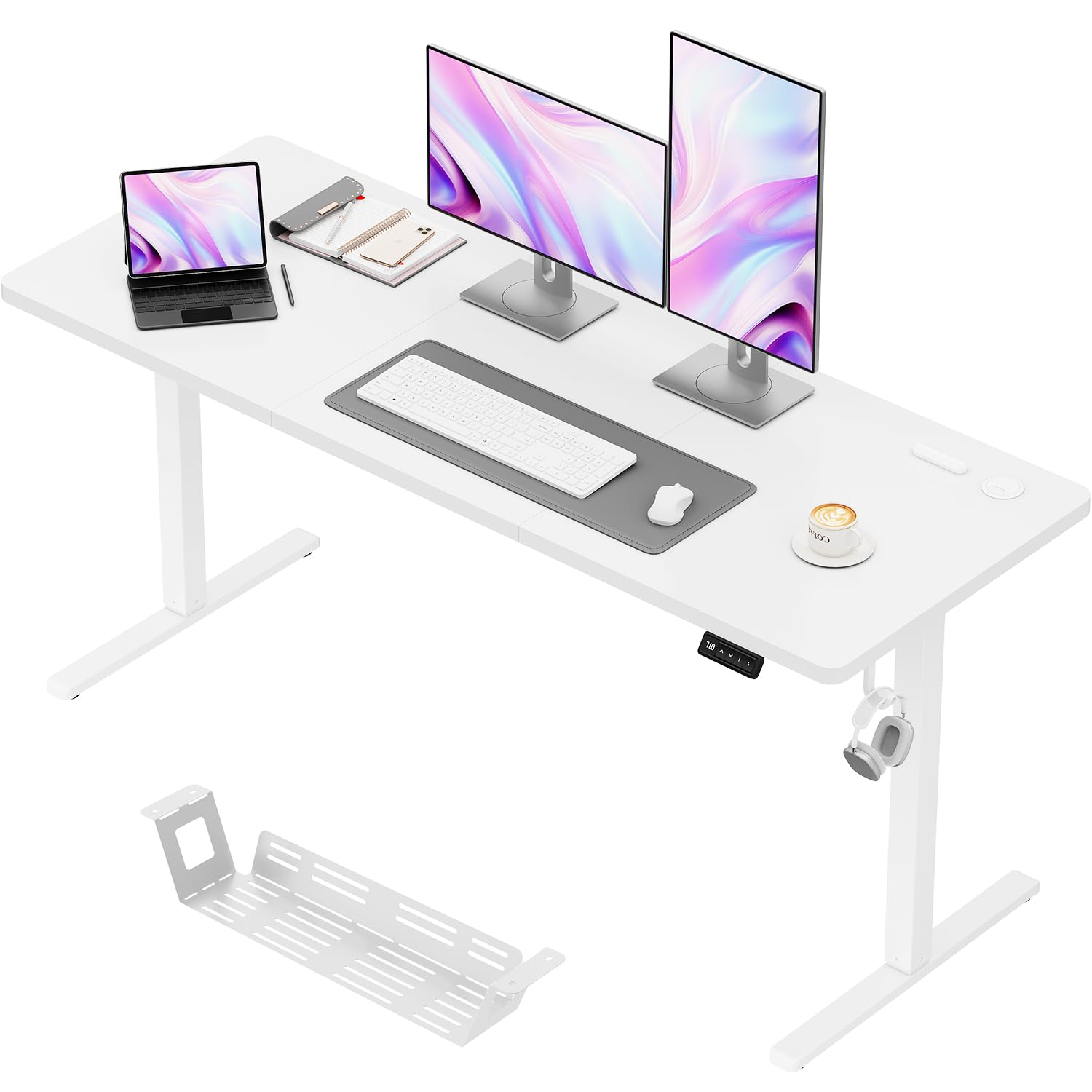 JUMMICO Electric Height Adjustable Desk 160 x 70 cm, Height Adjustable Desk with 2 Memory Function, Sit-Stand Office Desk, Computer Desk with Cable Management Box, White