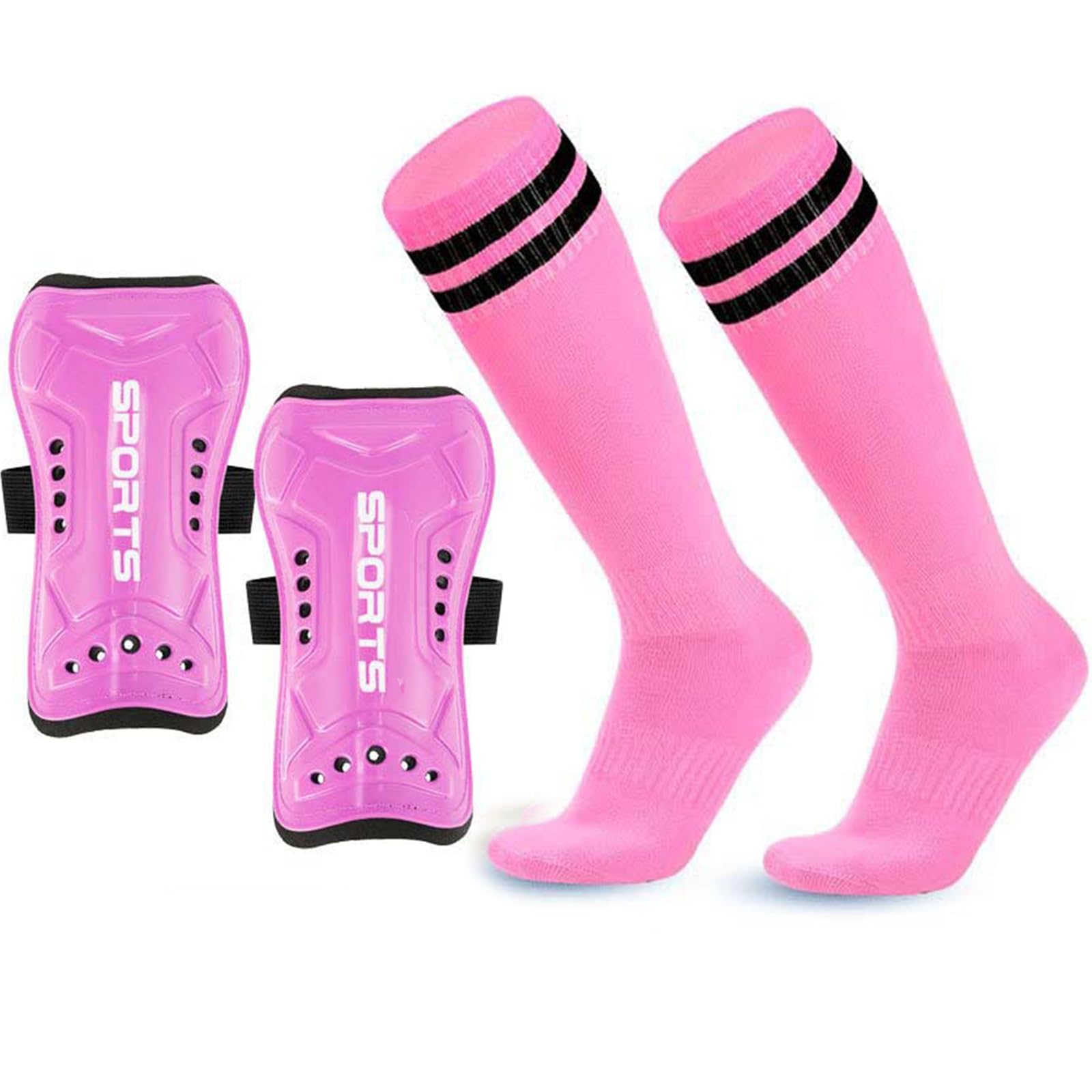1 Set Football Shin Pads Girls, Girls Football Kit with 2 Pcs Breathable Calf Socks and 2 Pcs Non-Slip Adjustable Shin Guards, Lightweight Sock Shin Pads for Sports Training