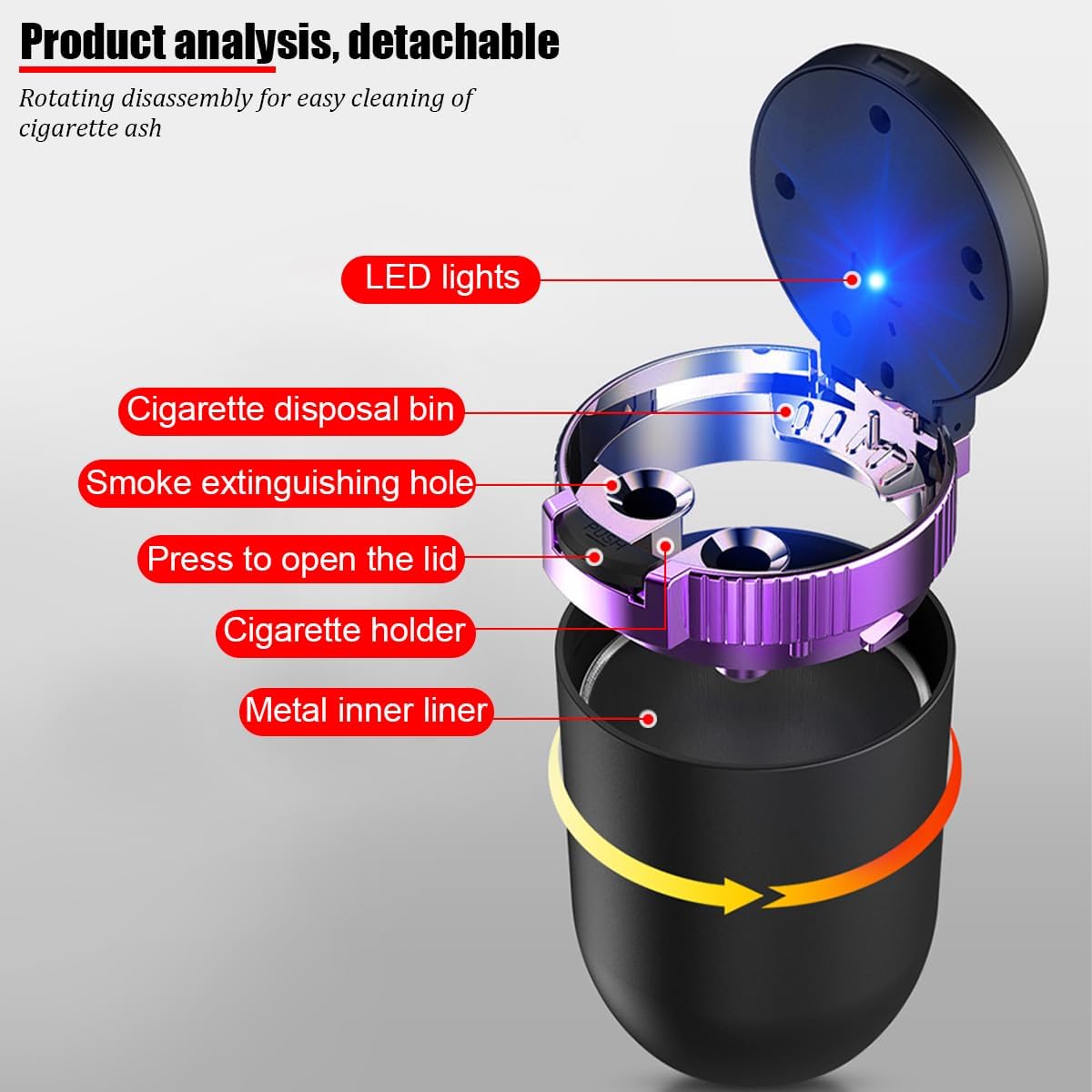 Car Ashtray with Lid, Detachable Smokeless Leak-Proof Vehicle Cup Holder Ash Tray with LED Light, Portable Smell Proof Automotive Interior Trash Can, Universal for SUV RV Truck (Purple)