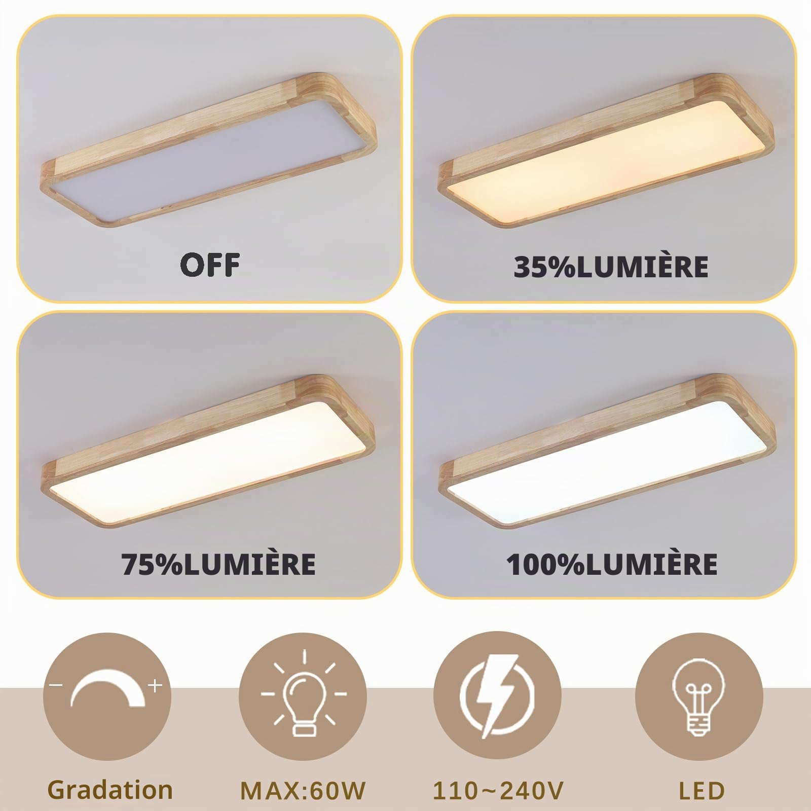 Bois Plafonnier LED,Chambre Luminaires IntéRieur 80 * 30Cm Carré Cuisine Lampe 36W ContrôLe Dimmable Grand Luminaire Plafonnier Pour Salon Atelier