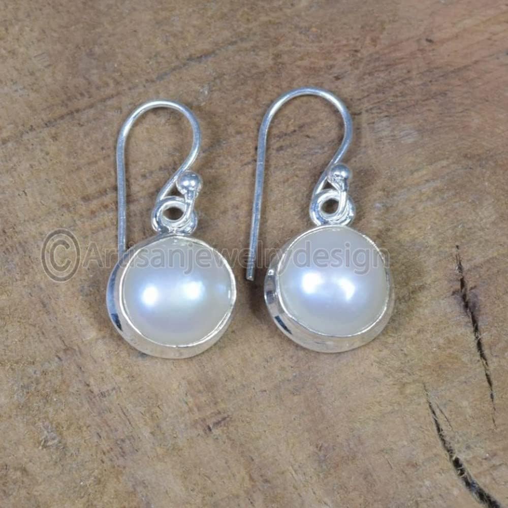 Handmade Moonstone Earrings, 925 Sterling Silver Dangle Drop Jewelry, Dainty Round Gemstone Earrings, Delicate Stackable Design, Gift for Wedding