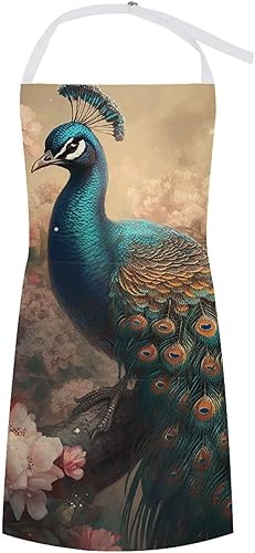 MUSM Apron for Adults - 27.6 X 31.5 Inch, Heavy-Duty Polyester Aprons with Two Large Pockets, Waterproof Oriental Peacock Pattern Kitchen Apron for