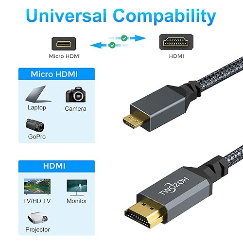 Miniatura 5 de Twozoh Cable micro HDMI a HDMI de 1 pie, paquete de 2 unidades, cable micro HDMI trenzado de nailon compatible con 3D4K 60Hz 18Gbps2160P1080P para