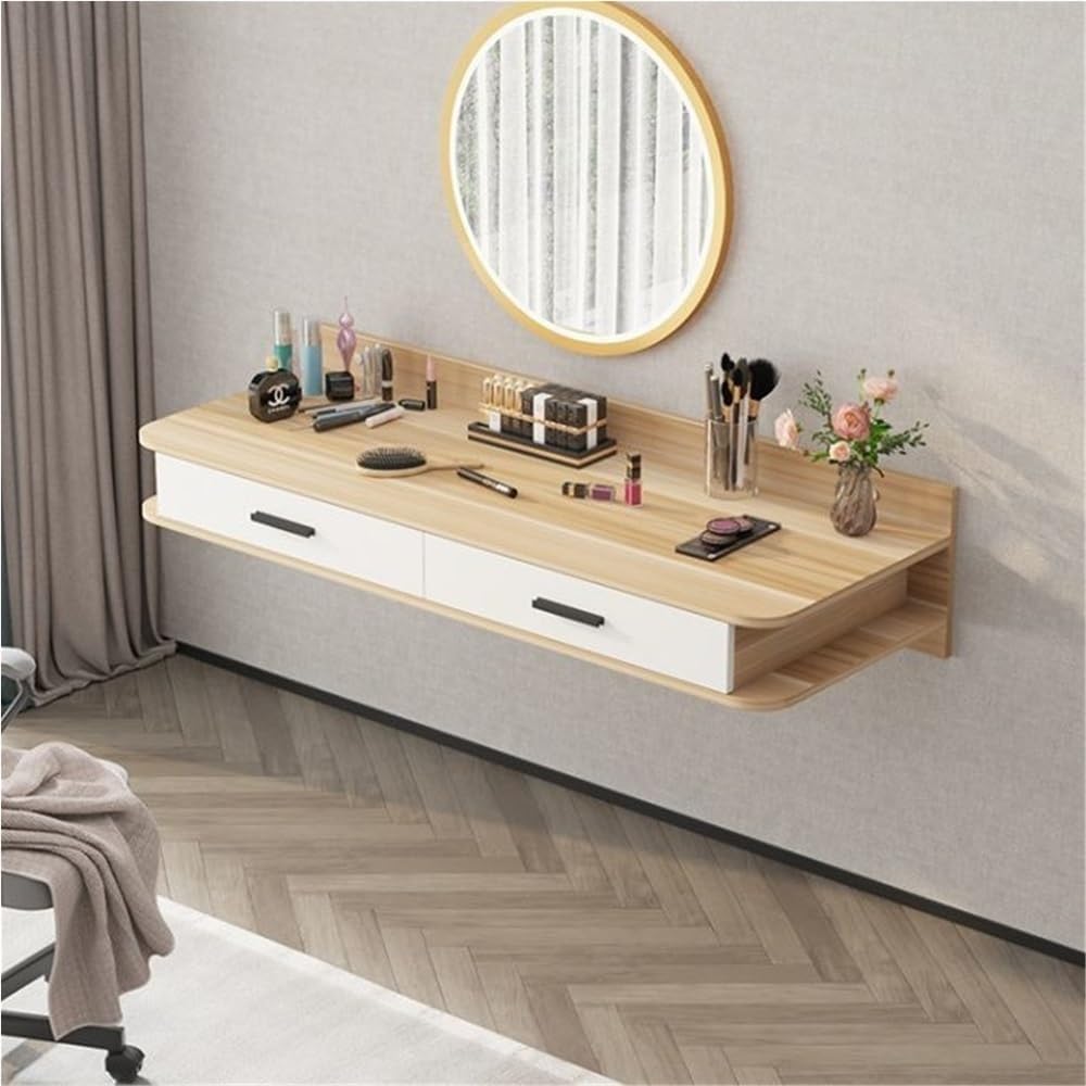 Floating Dressing Table Desk with Drawers, Wall Mounted Floating Desk Shelf, Floating Nightstand Shelf, Wall Cabinet with Floating Drawer for Wall(Natural)