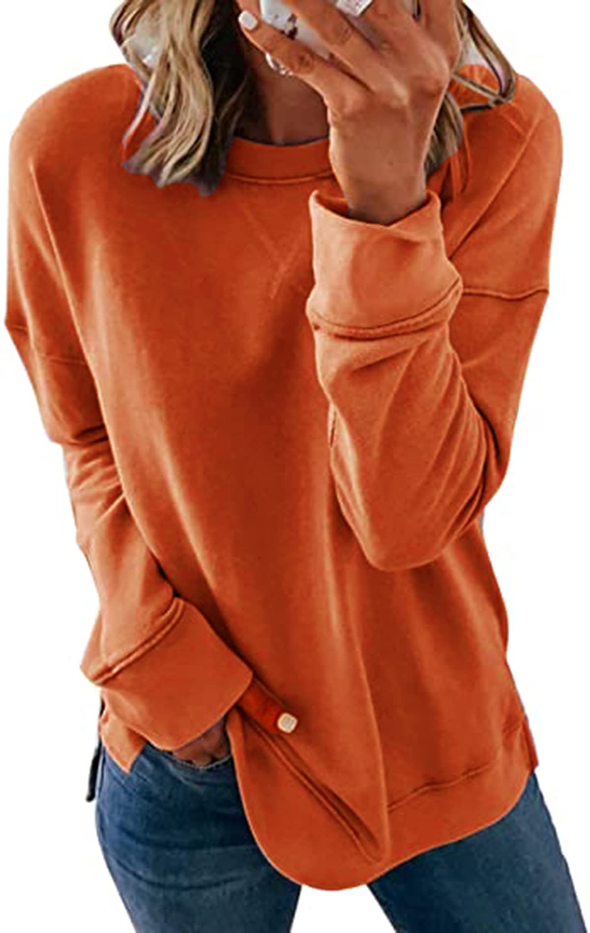 Smile Fish Women's Long Sleeve Crewneck Sweatshirt Tunic - Relaxed Fit Side Split Fall Top - View #5