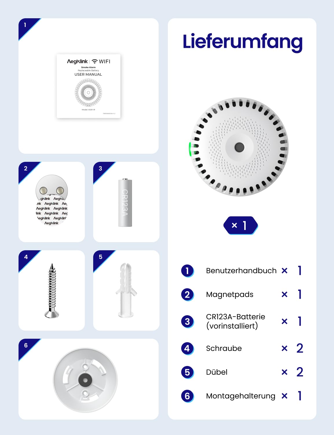 AEGISLINK Smarter Rauchmelder mit Magnethalterung und ohne blinkende LED, 85 dB, Mini-Design, Echtzeit-Benachrichtigungen, Freigabefunktion, ASW-iR, 1 Set