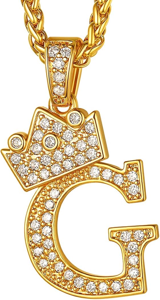 Suplight Tennis Initial Necklace G, Hip Hop Necklaces, Womens/Mens Monogram Jewelry, Gold Plated Bling Necklace Chain
