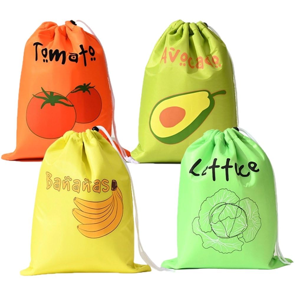 hzzsbu 4 Pcs Reusable Produce Bags, Banana Lettuce Bags with Drawstring, Vegetable & Fruit Storage Bags for Kitchen Refrigerator