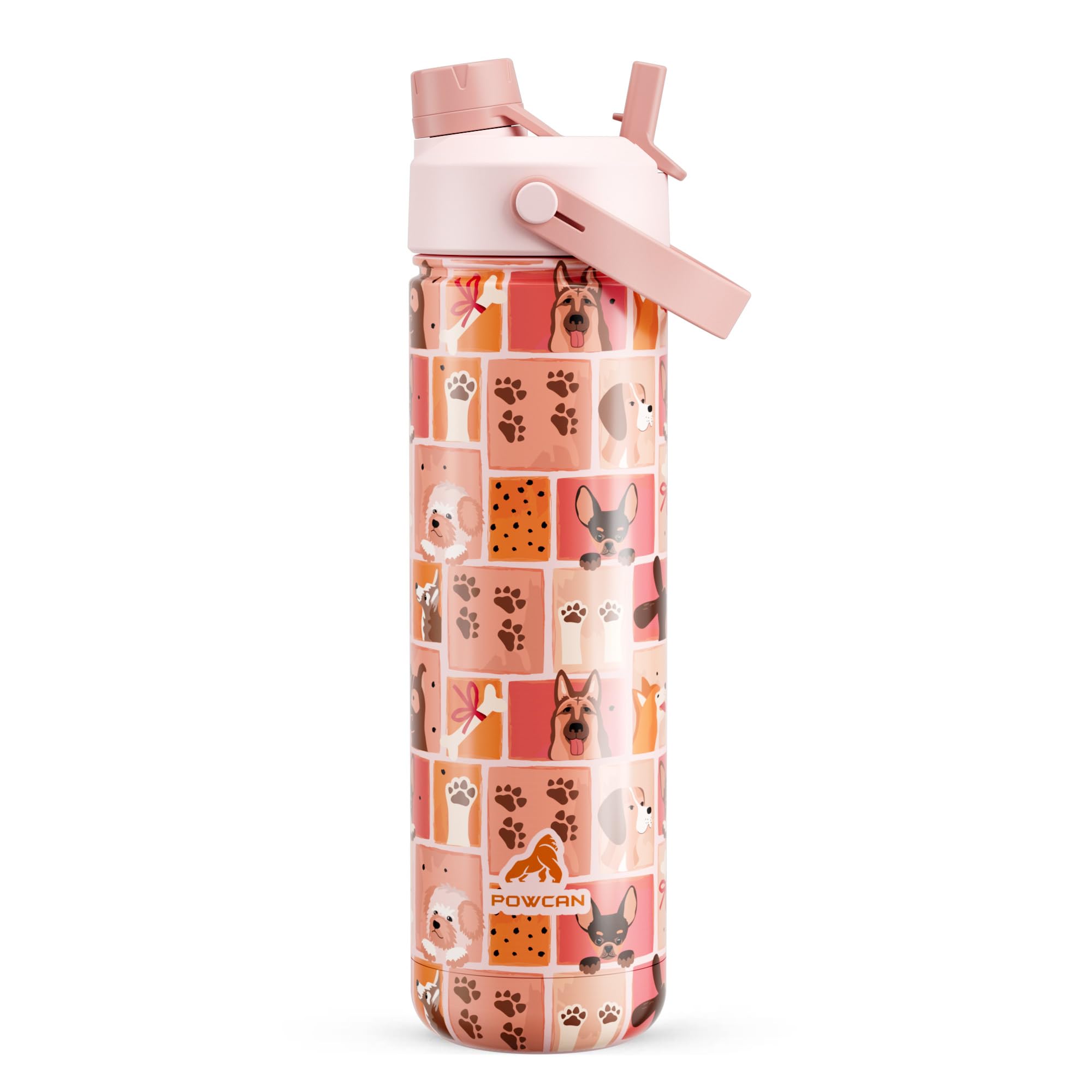 POWCAN 26 oz Insulated Water Bottle with 2-in-1 Straw and Spout Lid, Keep Cold 24H, Leak-Proof, Fits in Car Cup Holder, Stainless Steel Water Bottle for Dog Lovers, Puppy Theme, Gift (Pawfect Day)