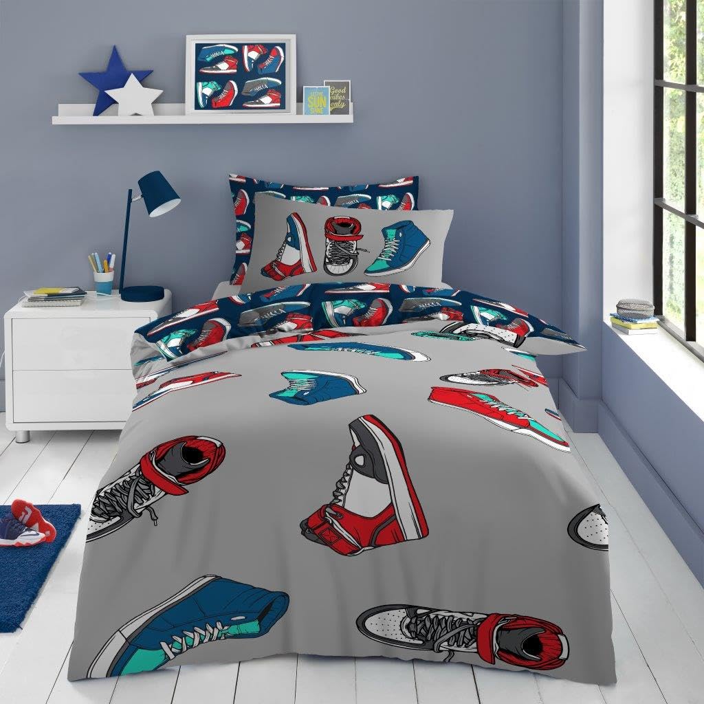 Lions Boys Gray - Blue Bedding - Kids Single Duvet Cover Set With Matching Pillowcase, Reversible Children Easy Care Quilt Covers For Girls, Single Bed 137X200cm