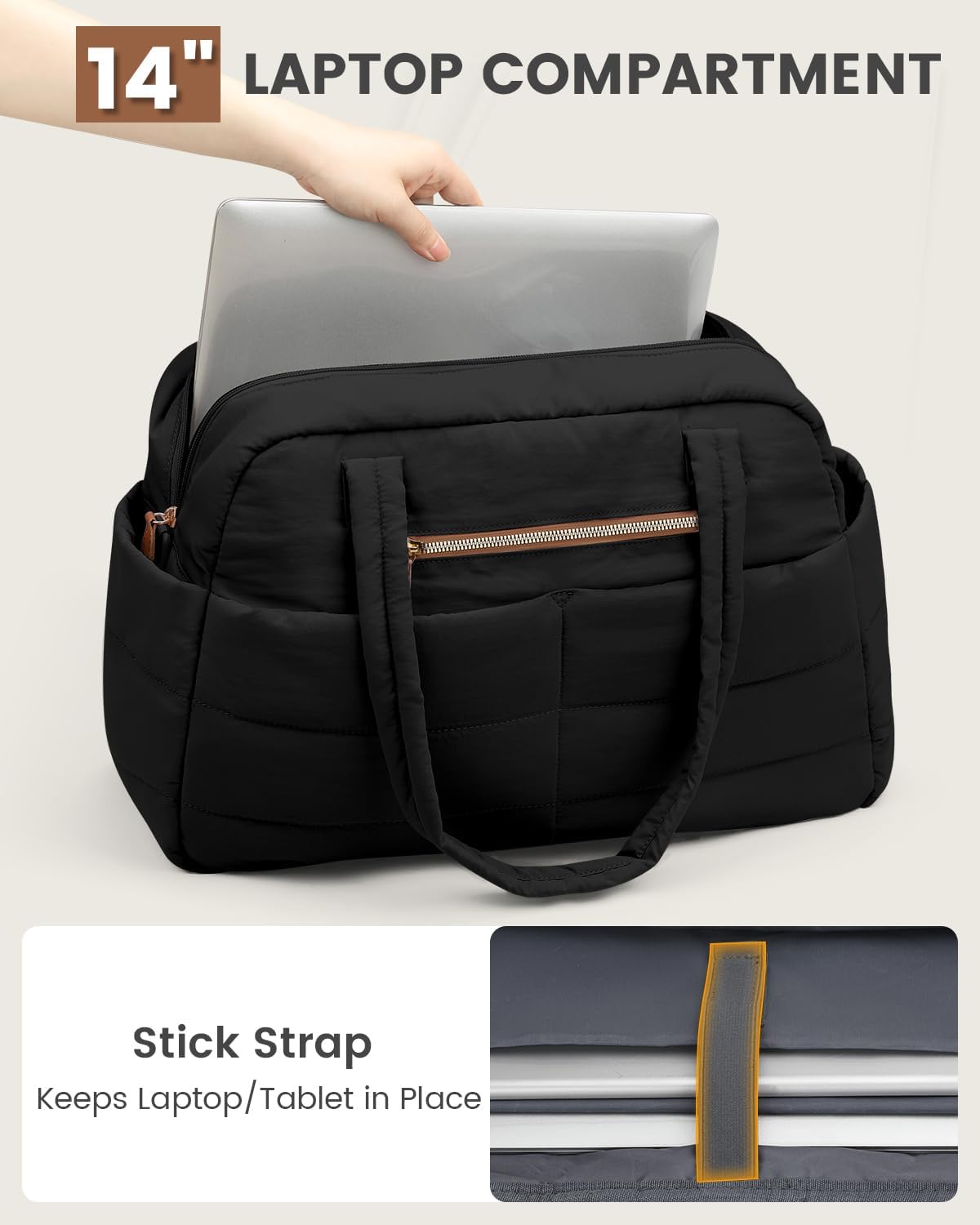 Travel Duffle Bag,Puffer Carry On Duffel Bag with Laptop Compartment Waterproof Overnight Weekender Bags for Women Large Hospital Tote Bags for Labor and Delivery(Medium,Black) - Image 3