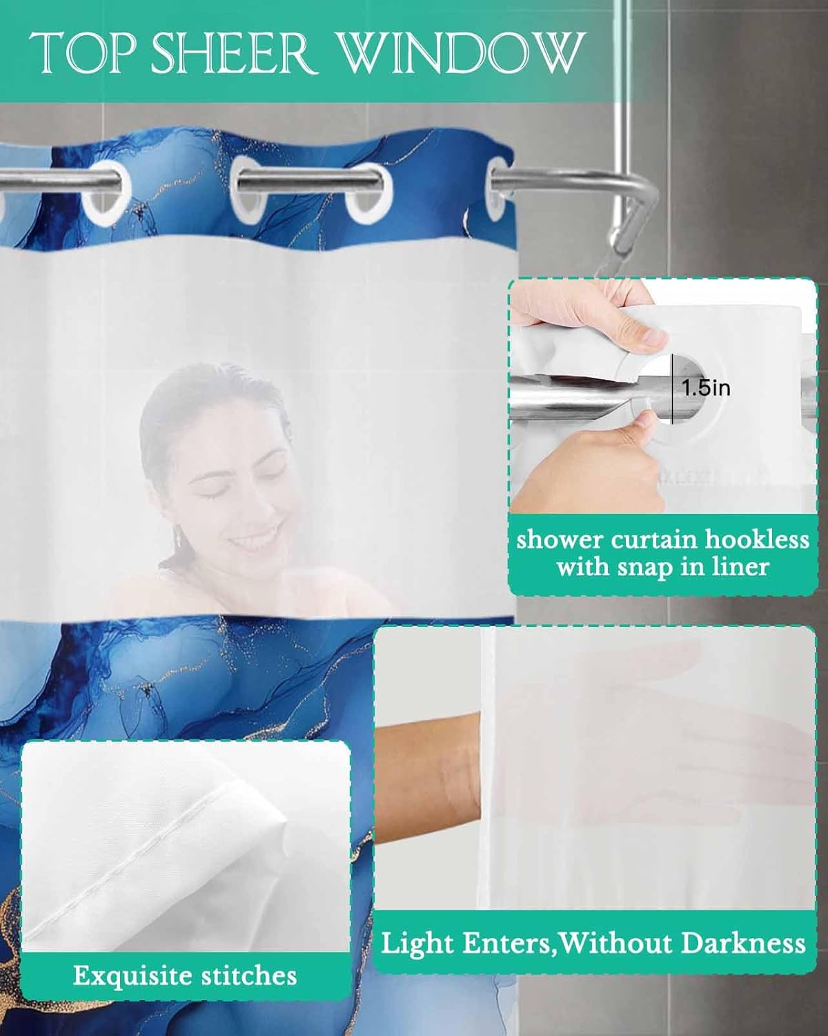 Ombre Navy Blue No Hook Shower Curtain with Snap in Liner Waterproof Fabric Shower Curtain Set for Bathroom Abstract Gradient Geometric Marble Textured Shower Curtain with See Top Window 66"x72"