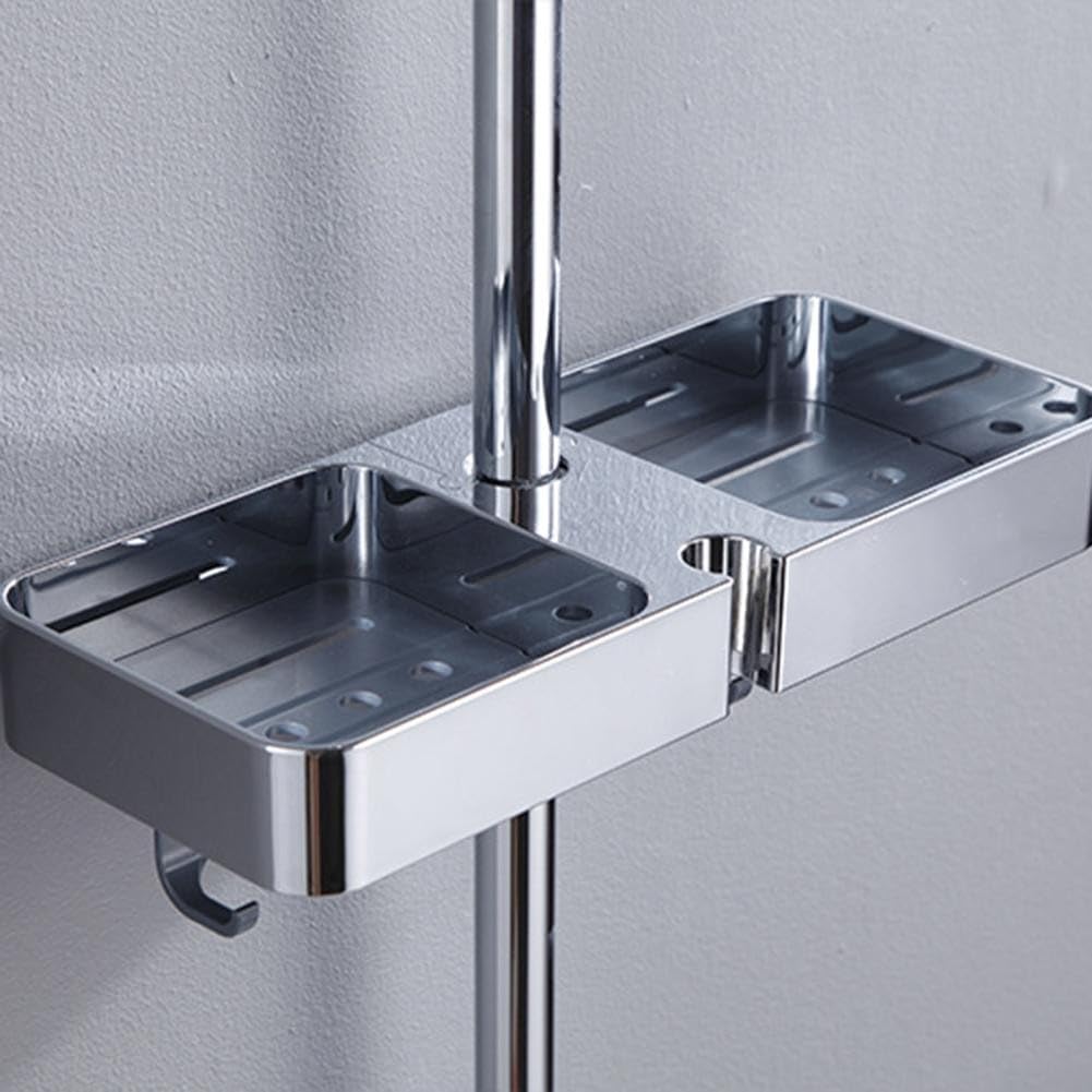 HpLive Étagère pour barres de douche, étagère de douche de grande capacité sans perçage, rangement des deux côtés et 8 crochets, étagère de salle de bain (argenté)