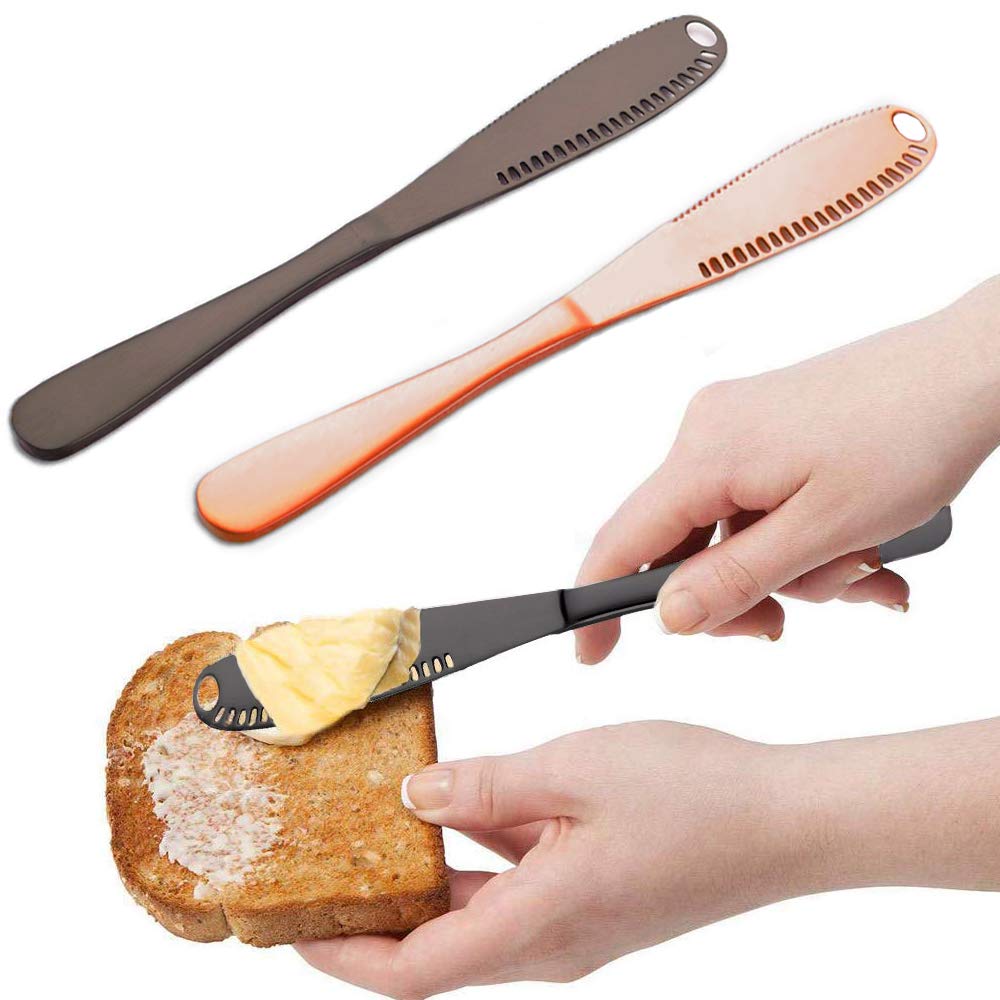 Butter Knife Stainless Steel Spreader 2 pack Multi-function 3 in 1 Kitchen Gadgets Professional Chef Slicer, Professional Butter Knife Compatible with Shea Butter(Black and rose gold)