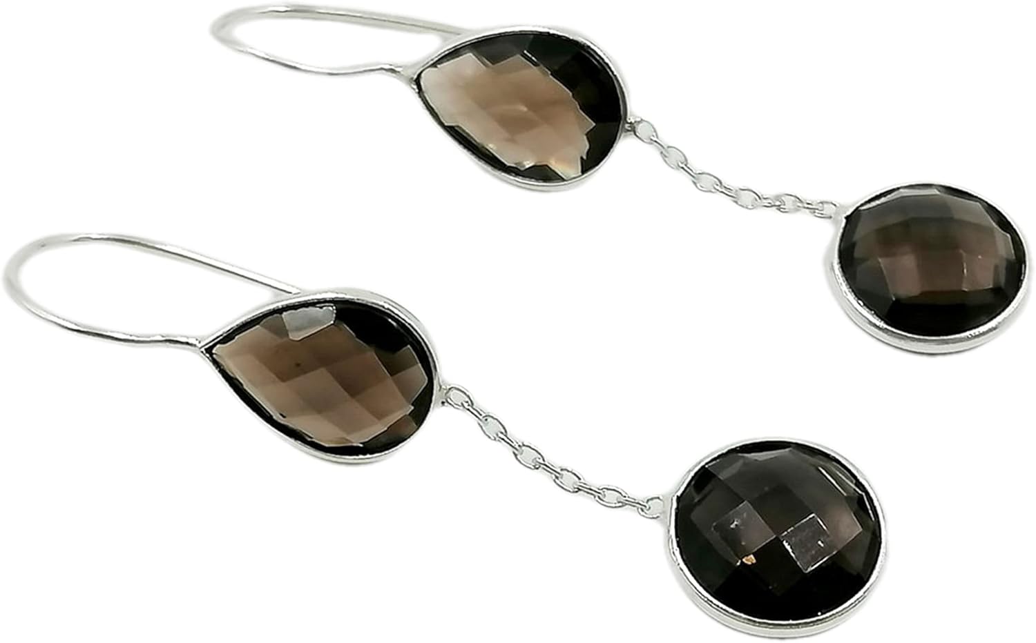 Smoky Quartz Gem Earring Drop dangle 925 Silver big size dangle stud Checker cut