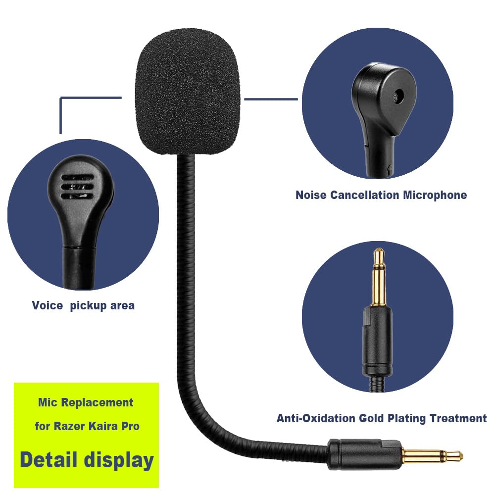 CLANMOU Microphone Replacement for Razer Kaira Pro Wireless Gaming Headset, 3.5mm Omnidirectional Detachable Game Boom Microphone with Foam Works on Xbox One, Xbox Series X & S, PS5, PS4, PC, Mac