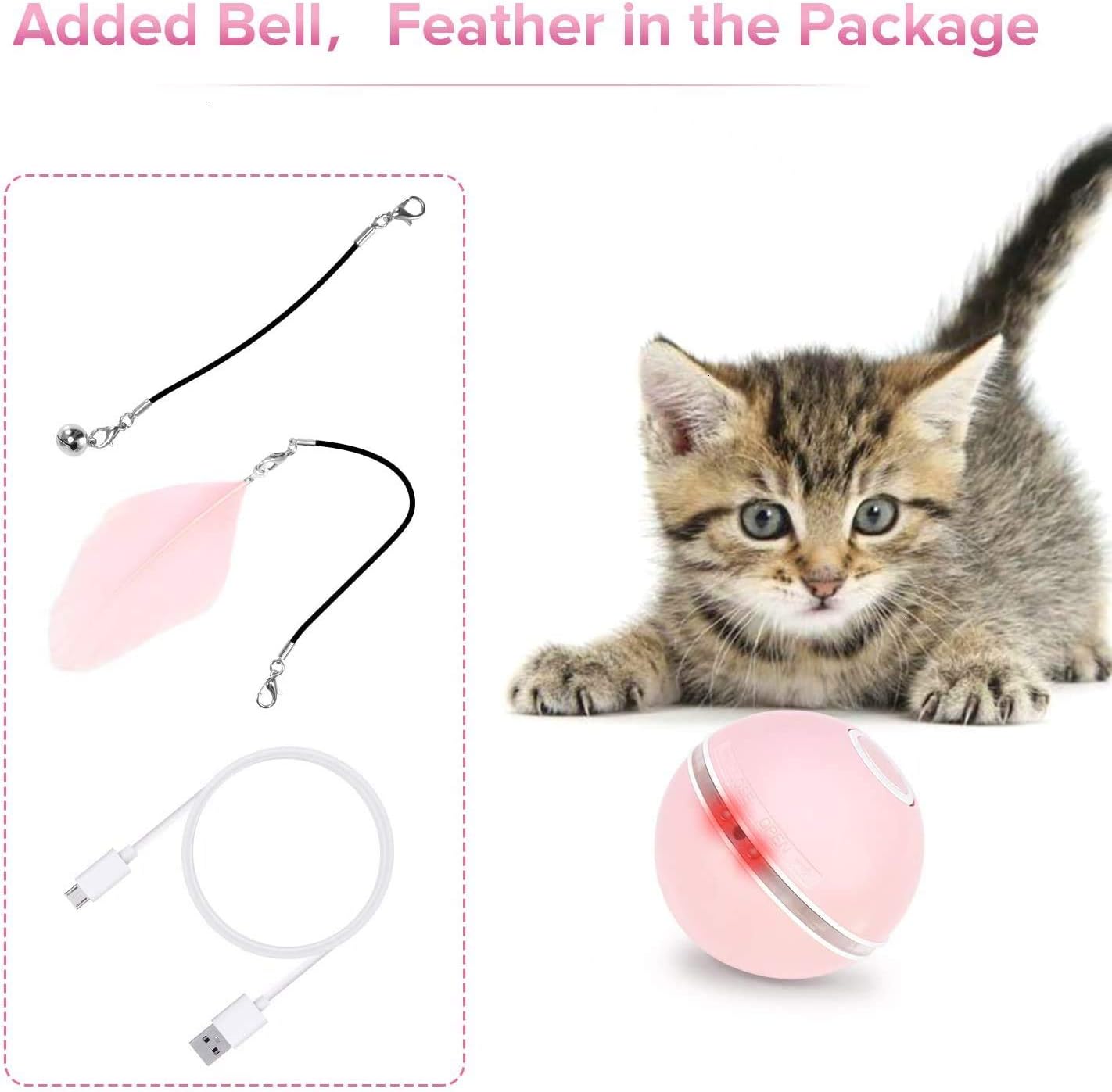 Feeko Interactive Cat Toys for Indoor Cats, Automatic Rolling Kitty Toys, Build-in Catnip Spinning Color Led Light, USB Charging Timing Motion Ball with Feather/Bells Toys for Cats/Kitten (Pink)