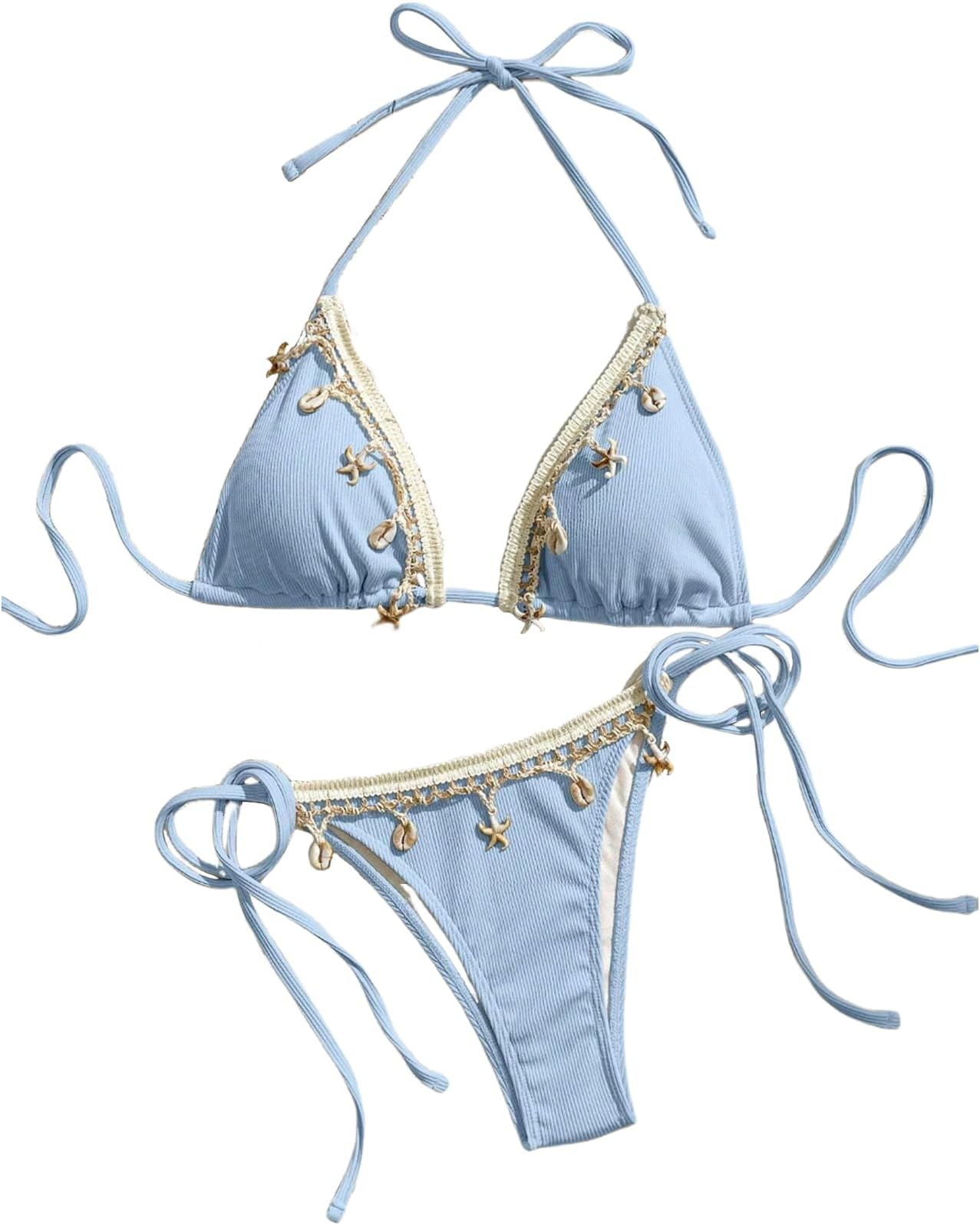 Womens Halter String Triangle Bikini Sets Shell Tassel Ribbed Bikini Two Piece Swimsuit High Cut Thong Bathing Suit