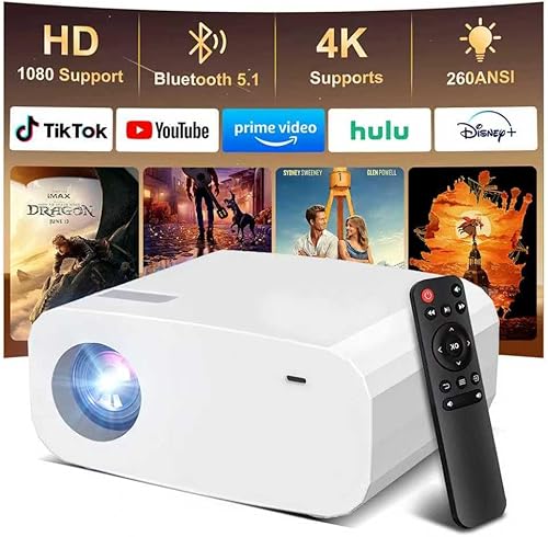 Projector, Mini Projector with WiFi and Bluetooth, Built-in Apps, Auto Focus & Keystone,Native 1080P Support, Portable Outdoor Smart Projector,White