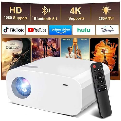 Projector, Mini Projector with WiFi and Bluetooth, Built-in Apps, Auto Focus & Keystone,Native 1080P Support, Portable Outdoor Smart Projector,White