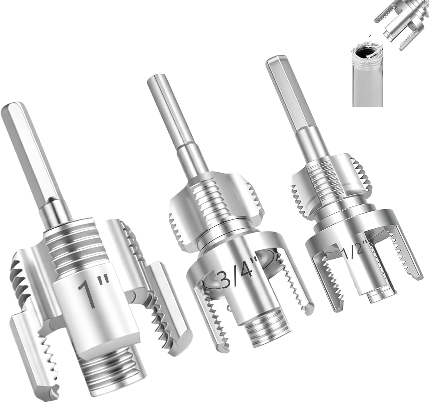 3PCS Integrated PVC Pipe Threader Tool - 1/2" & 3/4" & 1" Dual-Function Internal External Pipe Threading Tool for Water Pipe, Electric Drill Compatible Heavy-Duty Pipe Thread Cutting Tool Set (3 Size) - Amazon product rated Grade B