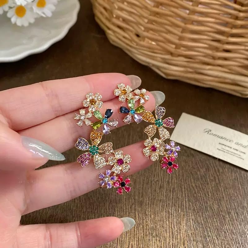 Ear Climber Earrings for One Hole or Clip on Earring, Multicolor Crystal Flower Ear Cuff Earrings, Floral Design with Gemstones crawler earrings - Image 5