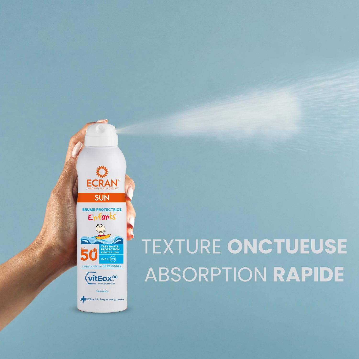 ECRAN® - Brume Protectrice Enfant - Très Haute Protection - Technologie vitEox80 - Vitamine E - Protection UVA, UVB, Lumière Bleue, Coups de Soleil - Protection Solaire SPF 50+ - Résistante à l'eau