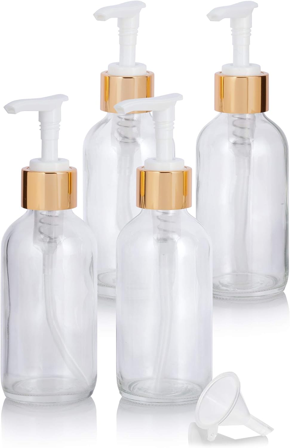 JUVITUS 4 oz Clear Boston Round Thick Plated Glass Bottle with Gold Lotion Pump (4 Pack) + Funnel