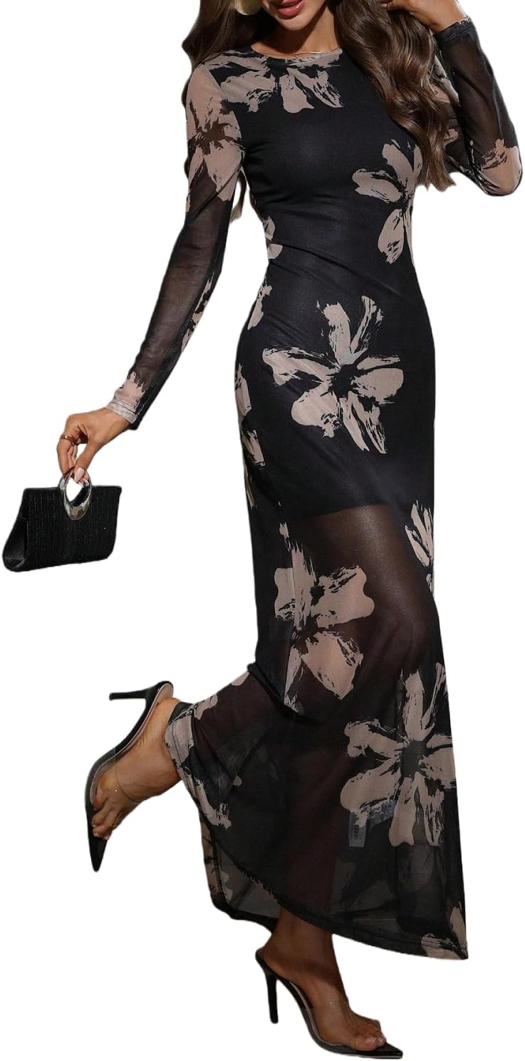 LIGHT DOT Women's Floral Bodycon Maxi Dress Long Sleeve Mesh Ruched Formal Cocktail Dress