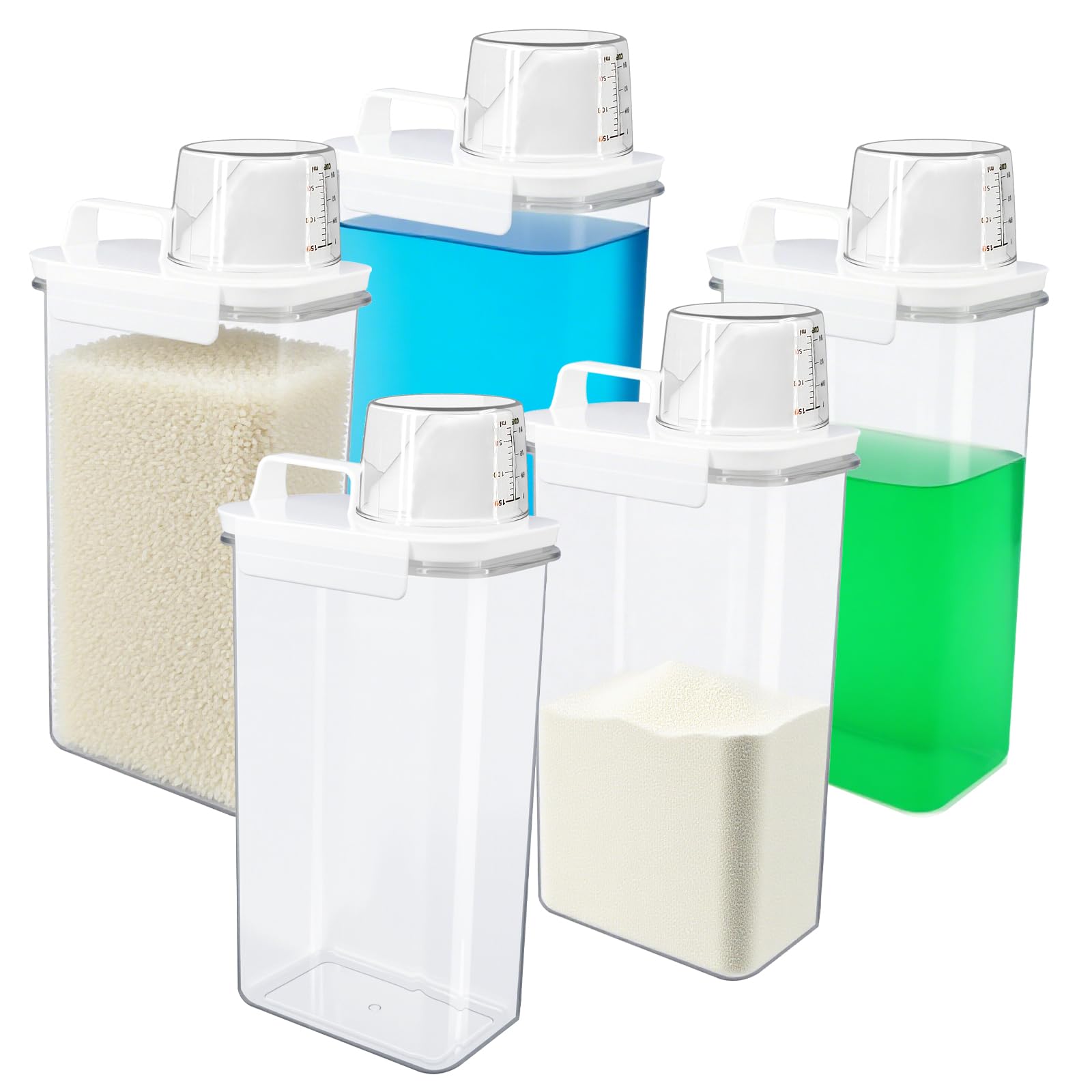 Flüssigwaschmittelspender, 2,2 l, transparenter Seifenpulverbehälter mit Deckel, Weichspüler, Bleichmittelspender für Lagerung, Waschküche, 5 Stück