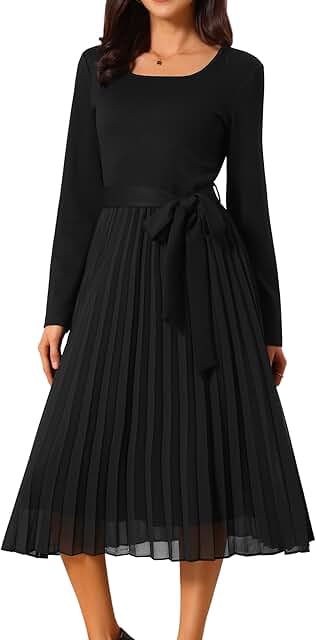 Seta T Women's Pleated Dress Crewneck A Line Flowy Casual Long Sleeve Mi...