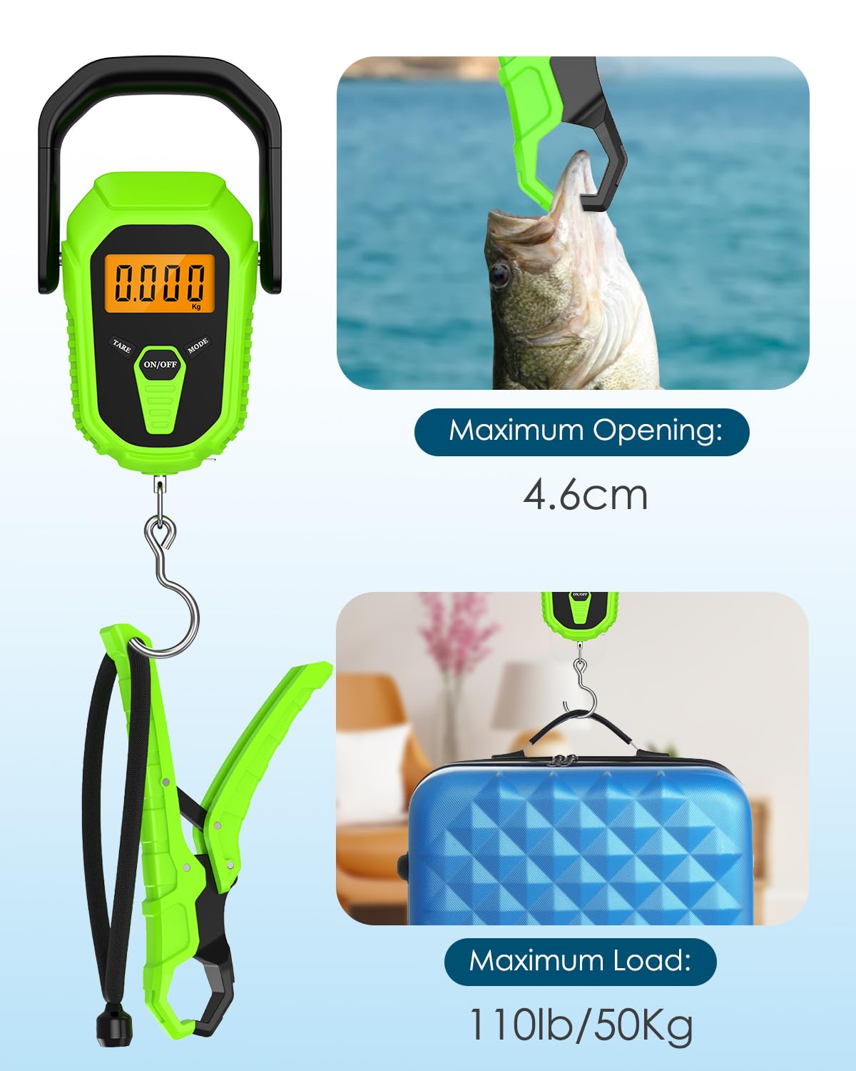 Báscula de pescado con agarre de labios, báscula digital impermeable para peces de 110 libras/50 kg, báscula de equipaje portátil con cinta métrica, retroiluminación LCD, baterías, para pesca