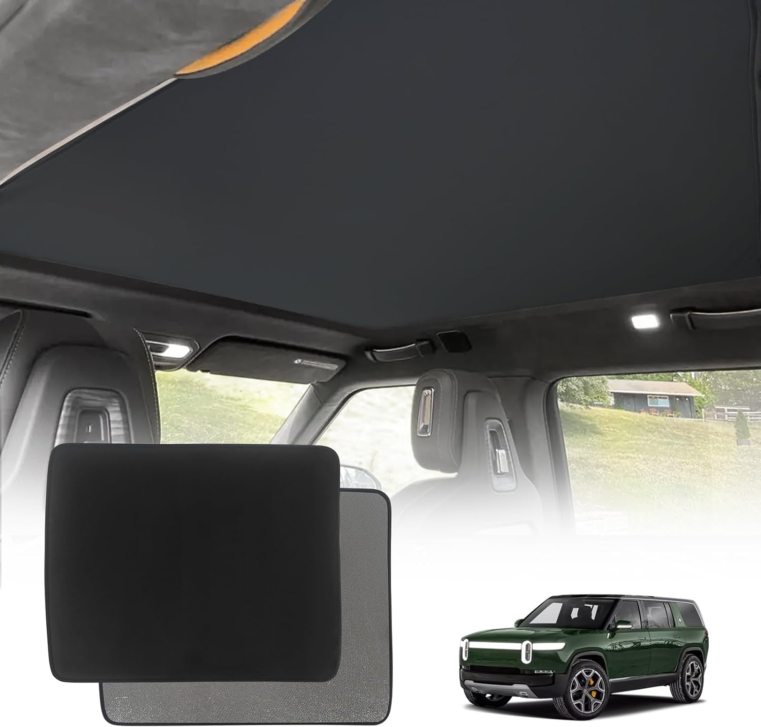 BestEvMod Foldable Roof Sunshade Compatible with 2022-2025 Rivian R1S Accessories Upgraded Heat Reflective Tech Accessories Sunroof Reflective Sun Shade(Front Only Black)
