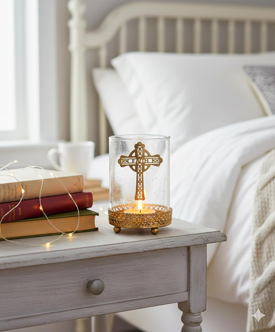 Holy Cross Shadow T-Light Candle Holder with borocilicate Glass | Metal Christian Religious Tealight Stand | Spiritual Laser Cut Filigree Design for Home Altar & Prayer Room Decoration-image-14