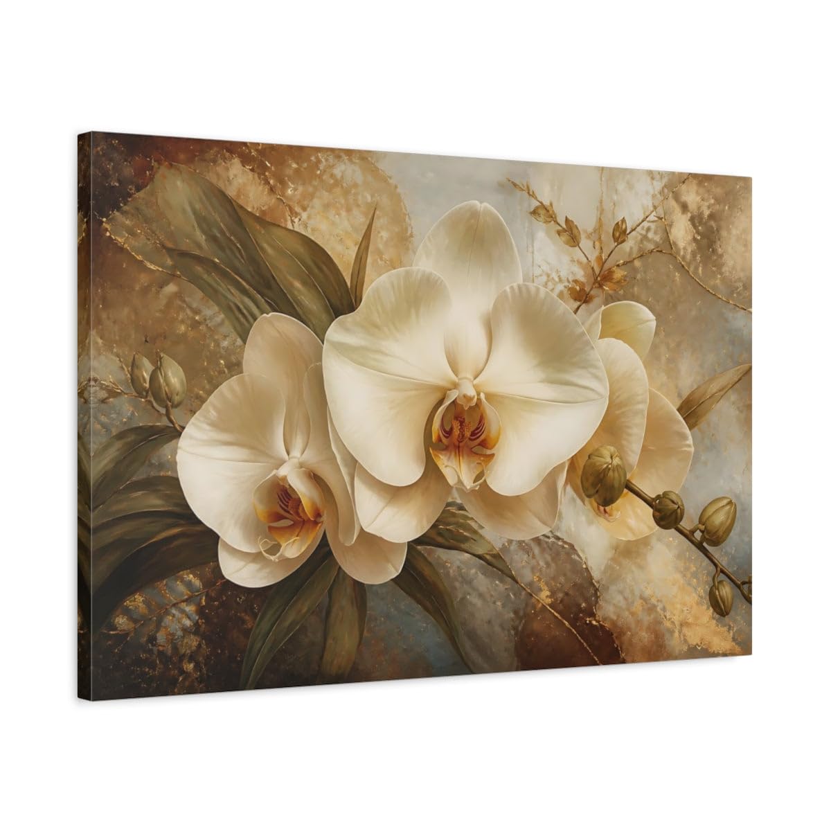 Giant Cream Orchid Canvas Print – Living Room, Above Fireplace, And Gold 30×20 inch (75×50 cm) - Horizontal / 1.25 inch (3 cm)